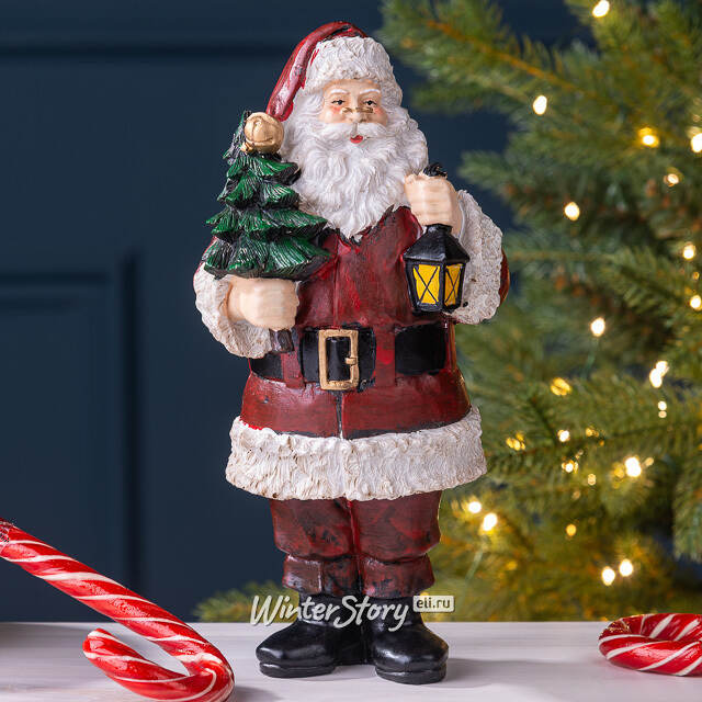 Новогодняя фигурка Санта Клаус с фонариком и елочкой 20 см Due Esse Christmas