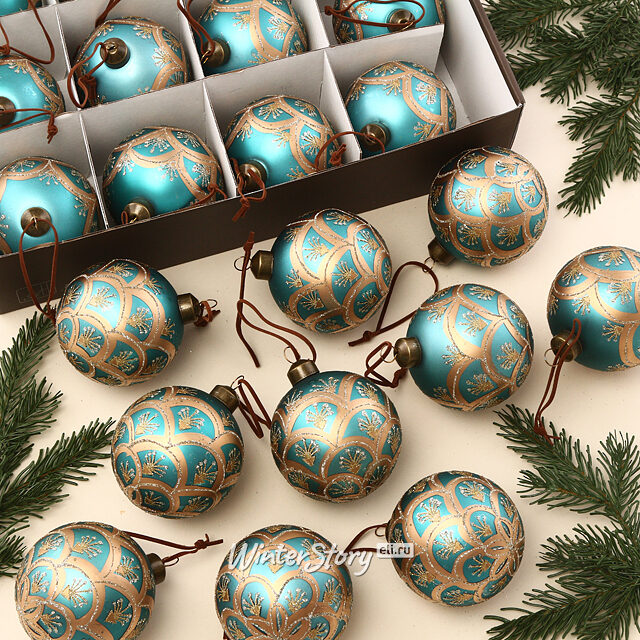 Набор стеклянных шаров Maria Theresa Turquo 8 см, 12 шт Due Esse Christmas (Ду Эссе Кристмас)