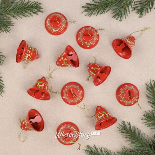Набор елочных украшений Колокольчики - Jingle Bells 5 см, 12 шт, красные, подвеска Breitner