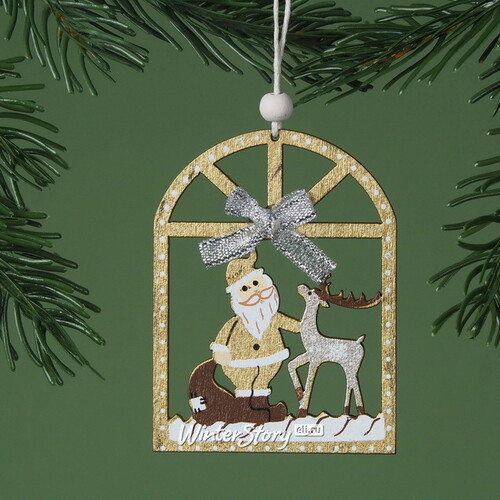 Деревянная елочная игрушка Санта с оленем 8 см золотая, подвеска Breitner