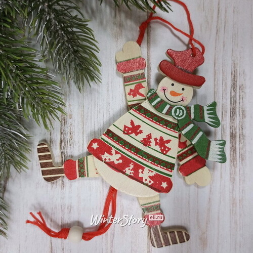 Деревянная елочная игрушка Снеговик Дункан в расписном костюме 14 см, подвеска Breitner