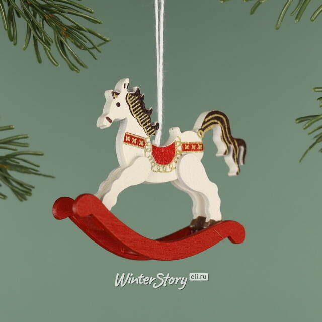 Деревянная елочная игрушка Лошадка-Качалка Расти 6 см белая, подвеска Breitner (Брайтнер)
