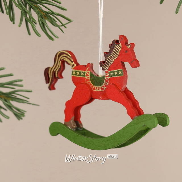 Деревянная елочная игрушка Лошадка-Качалка Расти 6 см красная, подвеска Breitner (Брайтнер)