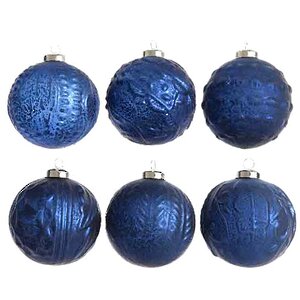 Набор винтажных елочных шаров Бонжур 8 см синий бархат, 6 шт, стекло Kaemingk фото 2