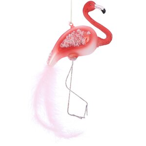 Стеклянная елочная игрушка Розовый Фламинго Спаркли 13 см, подвеска