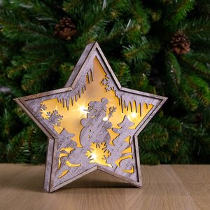Новогодний светильник Звезда со снеговиком 23*24 см на батарейках, 6 LED ламп Kaemingk фото 1