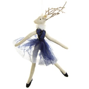 Елочное украшение Олень - танцующая Бриджит в сапфировом платье 27 см, подвеска