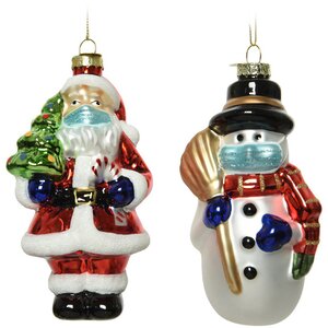 Набор стеклянных елочных игрушек Санта и Снеговик в масках - Anticovid Series 13 см, 2 шт, подвеска Kaemingk фото 1