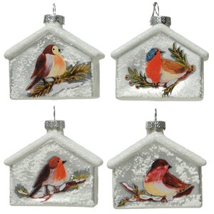 Набор стеклянных елочных игрушек Домики - Winter Birds's Song 8 см, 4 шт, подвеска