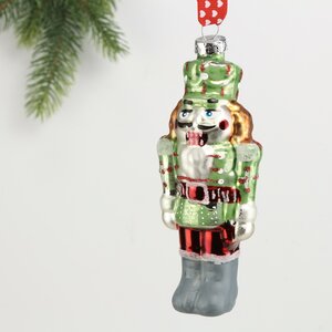 Стеклянная елочная игрушка Щелкунчик - Caramel Kingdom в зеленом 14 см, подвеска Kaemingk фото 1