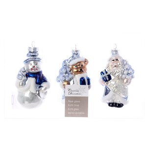 Набор елочных игрушек Санта и Друзья 9 см белые с синим, 3 шт, стекло, подвеска Kaemingk фото 1