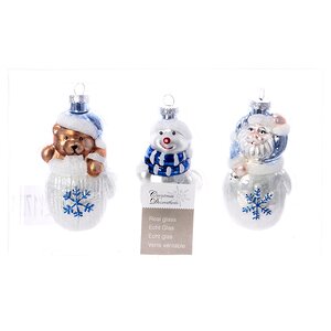 Набор елочных игрушек Санта и Друзья в белых рукавичках 9 см белый с синим, 3 шт, стекло, подвеска Kaemingk фото 1