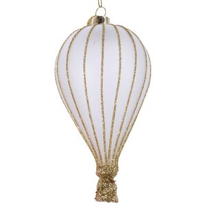 Стеклянная елочная игрушка Воздушный шар Флай бело-золотой 14 см, подвеска
