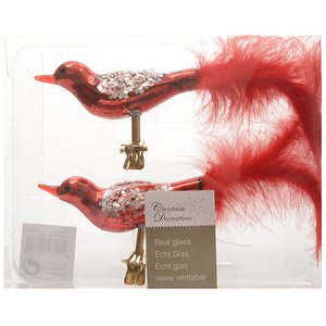 Елочное украшение Птички 9 см красно-серебряные, 2 шт, стекло, клипса Kaemingk фото 1
