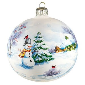 Стеклянный елочный шар Зимняя акварель - Снеговик у елки 10 см