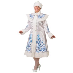 Карнавальный костюм для взрослых Снегурочка, сатиновый с аппликациями, белый, 52-54 размер