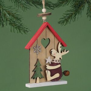 Деревянная елочная игрушка Праздничный домик Оленя с елочкой 15 см, подвеска Breitner фото 2