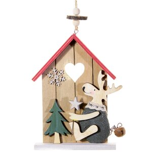 Деревянная елочная игрушка Праздничный домик Оленя с елочкой 15 см, подвеска Breitner фото 1