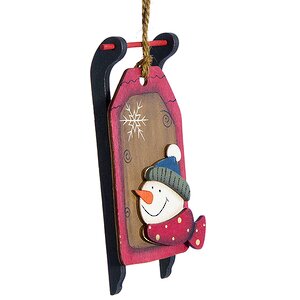 Деревянная елочная игрушка Новогодние Санки со Снеговиком 13 см, подвеска Lang фото 1