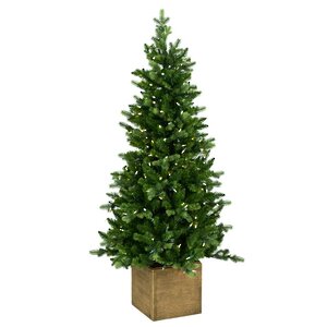 Искусственная елка с гирляндой Норфолк 137 см в деревянном кашпо, 200 теплых белых ламп, ЛИТАЯ + ПВХ