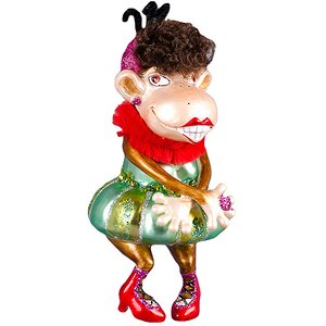Елочная игрушка Обезьяна - Танцовщица Диско в Зеленом Платье 15*8*6 см, стекло, подвеска Holiday Classics фото 1