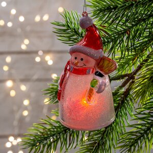 Светящаяся елочная игрушка Рождественская фигурка - Снеговик с Метлой 9.2 см на батарейке, подвеска