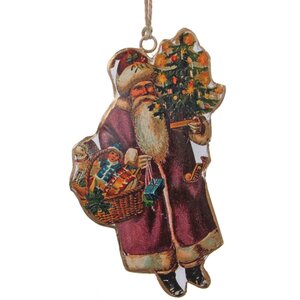 Металлическая елочная игрушка Санта Клаус с подарками 15 см