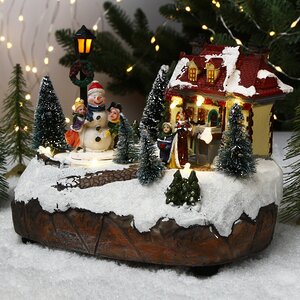 Новогодняя композиция Снеговик и дети в канун Рождества 19*13 см с LED подсветкой и движением, батарейки Kaemingk фото 1