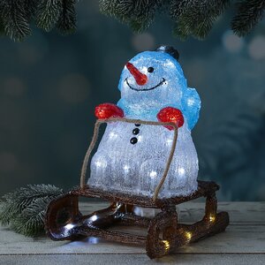 Светящаяся фигура Снеговик на санках 33 см, 30 LED ламп, на батарейках, IP44 Kaemingk фото 1