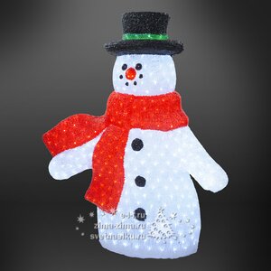 Снеговик светящийся в красном шарфе и цилиндре, 60 см, уличный, акрил, 150 холодных белых LED ламп Kaemingk фото 1
