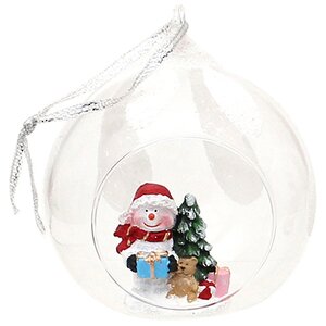 Шар с композицией Лесная сказка - Снеговичок с подарком 9 см, стекло, подвеска
