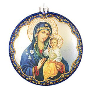 Елочное украшение Медальон Образ Божией Матери 10 см синий ободок стекло, подвеска Holiday Classics фото 1