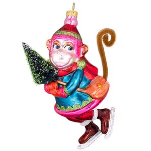 Елочная игрушка "Обезьянка-фигуристка с елочкой", 9*6*16 см, стекло, подвеска Holiday Classics фото 1