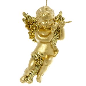 Елочная игрушка Ангел Золотистый с Музыкальным Инструментом 10 см, подвеска Kaemingk фото 4