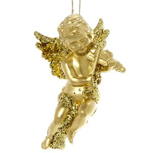 Елочная игрушка Ангел Золотистый с Музыкальным Инструментом 10 см, подвеска Kaemingk фото 4