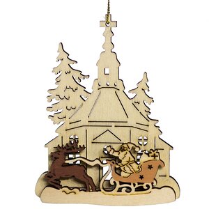 Деревянная елочная игрушка Уютный Домик - Санта в Санях 10*9 см