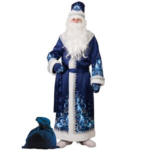 Карнавальный костюм для взрослых Дед Мороз сатиновый с аппликациями, синий, 54-56 размер