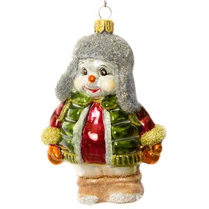 Стеклянная елочная игрушка Снеговик в пуховике и серой шапочке 10 см, подвеска Irena Co фото 1