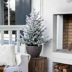 Искусственная елка с лампочками Norway 120 см заснеженная в кашпо, 80 теплых белых ламп на батарейках, контроллер, ЛИТАЯ + ПВХ, IP44, уцененная Kaemingk фото 2