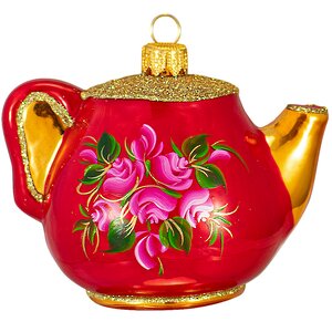 Стеклянная елочная игрушка Чайник - Чайная Роза 9 см, подвеска