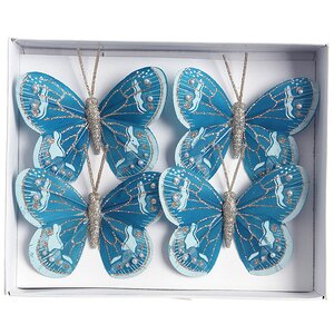 Елочная игрушка Бабочка - Мотылек Блестящая 8*6 см лазурная синяя 4 шт, на проволоке Kaemingk фото 1