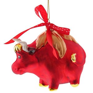Стеклянная елочная игрушка Бычок - Красный Ангус 10 см, подвеска Снегурочка фото 1