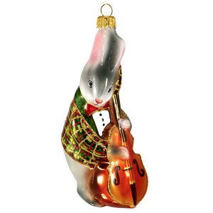 Стеклянная елочная игрушка Кролик с контрабасом - Веселый оркестр 13 см, подвеска Фабрика Ариель фото 1