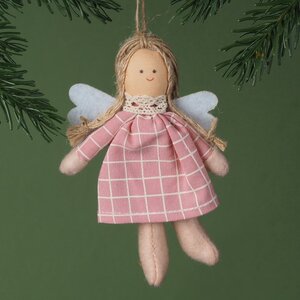 Ёлочная игрушка Ангел Юми в розовом клетчатом платьице 13 см, подвеска Breitner фото 2