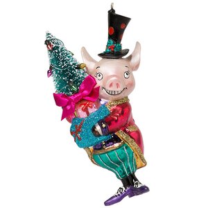 Стеклянная елочная игрушка Поросенок - Джентльмен с елочкой 15 см, подвеска Holiday Classics фото 1