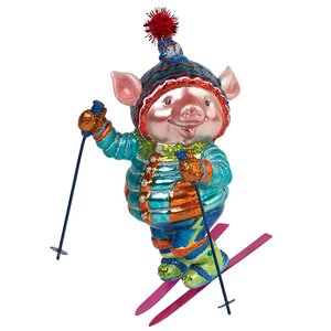 Стеклянная елочная игрушка Свин - Гламурный лыжник 16 см, подвеска Holiday Classics фото 1