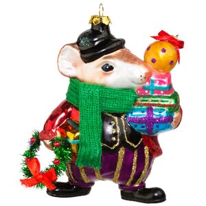 Стеклянная елочная игрушка Мышонок Мистер Джинглс с подарками 13 см, подвеска Holiday Classics фото 1