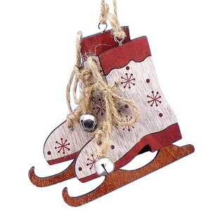 Деревянная елочная игрушка Коньки с бубенчиками 7 см бежевые, подвеска Lang фото 1