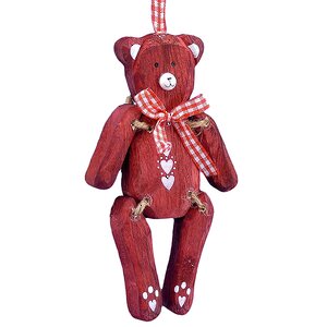 Деревянная елочная игрушка Мишка Ретро с бантиком 13 см красный, подвеска Lang фото 1
