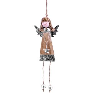Деревянная елочная игрушка Девочка Ангел со звездочкой в серебряной гамме 23 см, подвеска